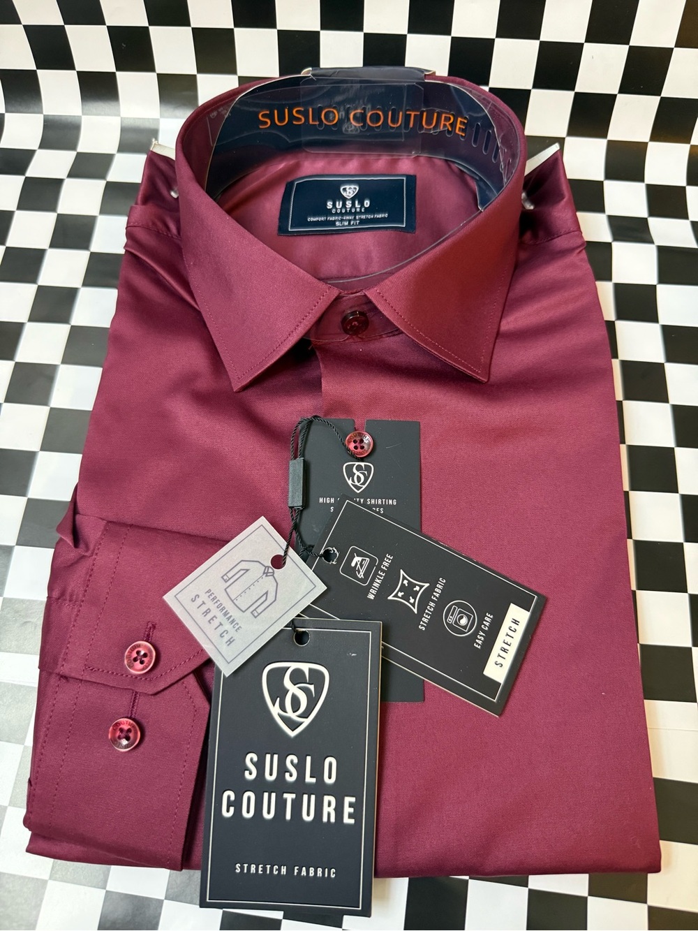 Suslo Couture Men's Burgundy Stretch Dress Shirt - Slim Fit